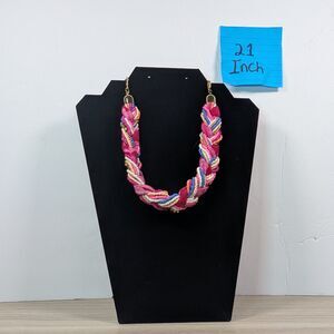 Braided Statement Necklace Pink Multicolor Beaded Fabric 21 Inch Boho